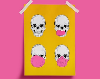 Skull Print - Skulls Poster - Bubble Gum wall - Funny art Prints- Pop-Art Illustration