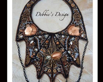 Women's Hand Beaded Necklace-270 Beadwork, Beaded, Bead Embroidery, Women, Bib, Collar, Brown, Copper Spider Web