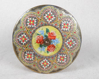 English Floral Embossed Mosaic Tin Vintage Mid Century Cookie Tin Biscuit Tin Candy Tin