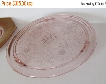 SALE Sunflower Pattern Pink Depression Glass Trivet Pink Glass Cake Plate Footed Trivet Jeannette Glass Sunflower Pattern
