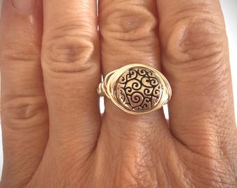 Handmade Argentium Sterling Silver Wire Wrapped Scroll Ring/ Size 6.75