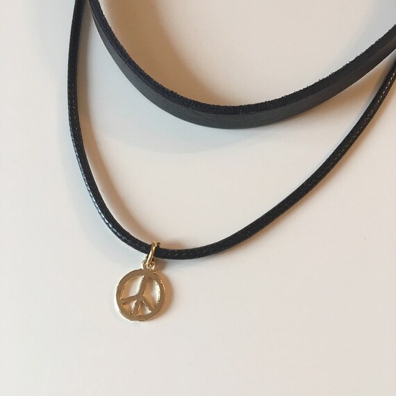 Items similar to Peace Sign Charm Leather Choker, Black Leather ...