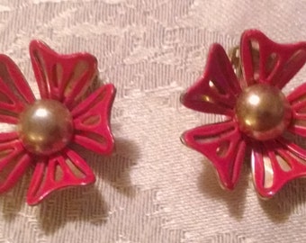 50's Coral-Red Flower Clip-on Earrings