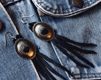 Concho Leather Fringe Earrings Southwest Desert Inspired Handmade From Texas