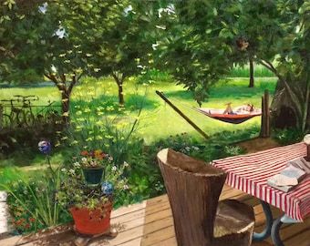 Sweet Spot - original oil painting - hammock - Garden Landscape - made in the usa