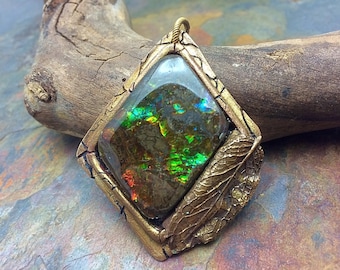 Rainbow Ammolite Artisan Bronze PMC Leaf Pendant