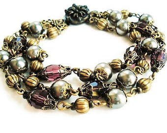 Multi Strand Pearl Bracelet Crystal Jewelry Gray Bracelet Pearl Jewelry Boho Bracelet Statement Jewelry Beaded Bracelet Gray Jewelry For Her