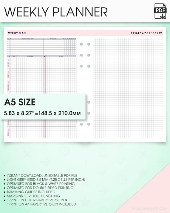 a5 planner inserts weekly undated planner printable wo1p a5