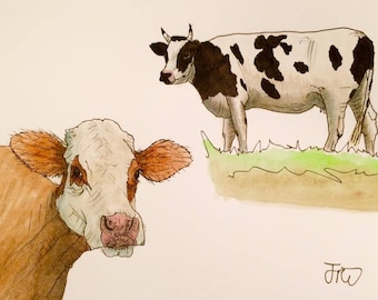 Original Cow Cows Cattle Farm Animals Watercolour Painting