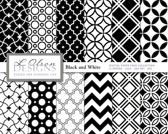 Black and White Paper Pack - 12 digital paper patterns - INSTANT DOWNLOAD