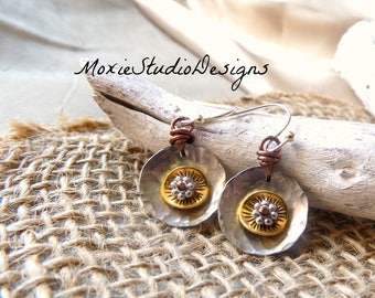 Silver Earrings, Mixed Metal Earrings, Dainty Earrings, Lightweight earrings, Artisan Earrings, Silver and Brass earrings, Boho earrings