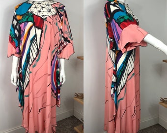 Vtg 80s Yolanda Lorente painted silk abstract avant garde dress M
