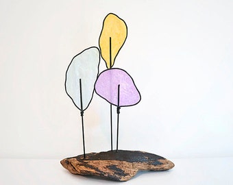 Driftwood Wire Tree Sculpture - Modern Minimalist - Nature Art - Pastel Colors