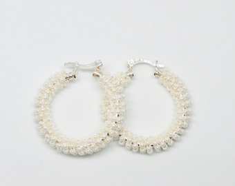 Beaded Silver Hoops, White Seed Beads