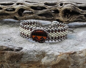 Free Form Peyote Stitch Beaded Skinny Bracelet - Bead Weaving - Vintage Hand Painted Peruvian Ceramic Cabochon - Silver Galvanized
