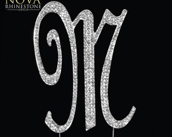 Crystal Rhinestone Silver Letter "M" Monogram Wedding Anniversary Cake Topper, Large
