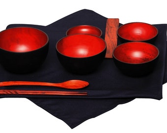 Mango Wood Black/Burgundy Oryoki Jihatsu Bowl Sets