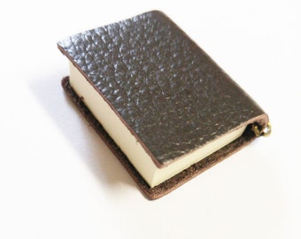 Miniature Book Charm Miniature Journal Pendant Book Pendant Leather Book Tiny Book Charm Dark Brown Leather REAL PAGES 2.25"