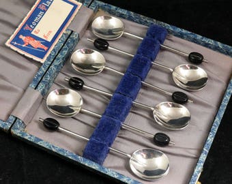 Vintage Art Deco Silver Plated Black Coffee Bean Spoons, Set of Six in Original Box, Yeoman Plate E.P.N.S. Made in England