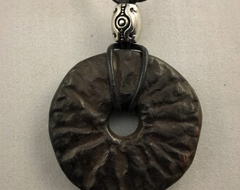 Handmade ceramic pendant/jewellery/unique/jewelry/boho/pottery/leather and wood