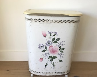 Vintage floral cream metal laundry hamper by DETECTO