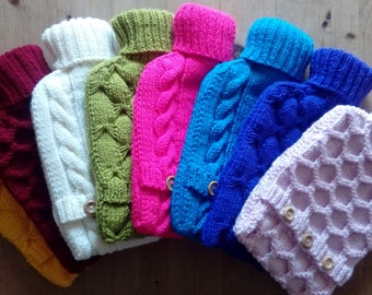 handknitted hot water bottle cover with 2 litre bottle