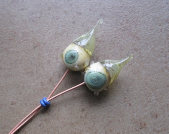 Lampwork Headpins - Glass Headpins - Sea Foam Glass Headpins - Copper wire - Glass Headpins Pair - SueBeads - Headpins