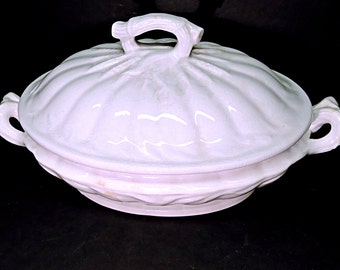 White Ironstone Lidded Tureen Wheat Pattern Antique English Serving Dish