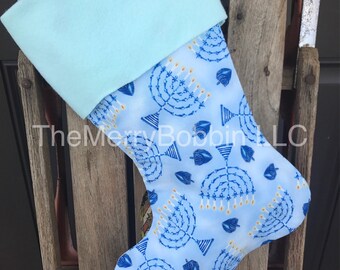 Hanukkah Stocking, Chanukah Stocking, Menorah and Star of David Stocking, Holiday Stocking