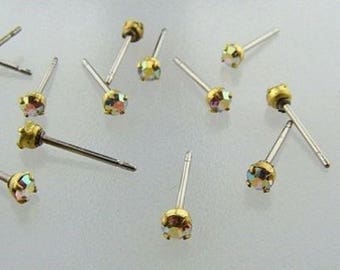 12 CRYSTAL AB RHINESTONE glass Vintage jewel brass steel stud earrings v804