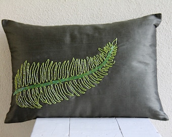 Decorative Oblong / Lumbar Throw Pillow Covers Accent Pillows Couch Pillow Case 12x16 Green Silk Pillow Cover Bead Embroidered - Green Tea