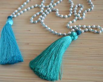 Long tassel necklace Beaded necklace with tassel Mala beads Hand knotted mala necklace White howlite necklace Bohemian jewelry Yoga necklace