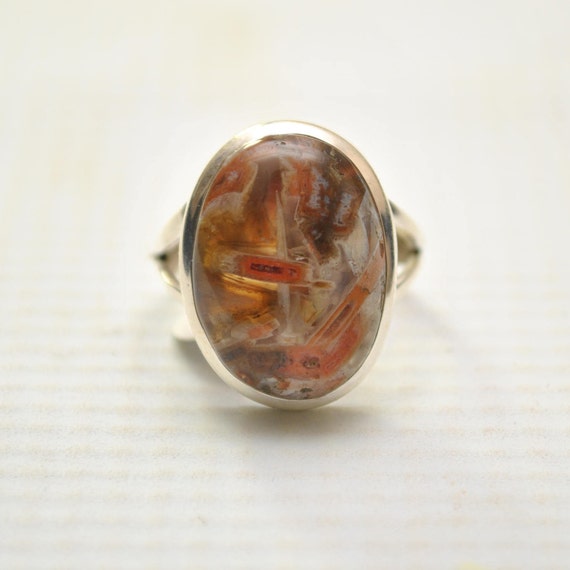 Sterling Silver Tube Agate Ring Sz 8 #9252