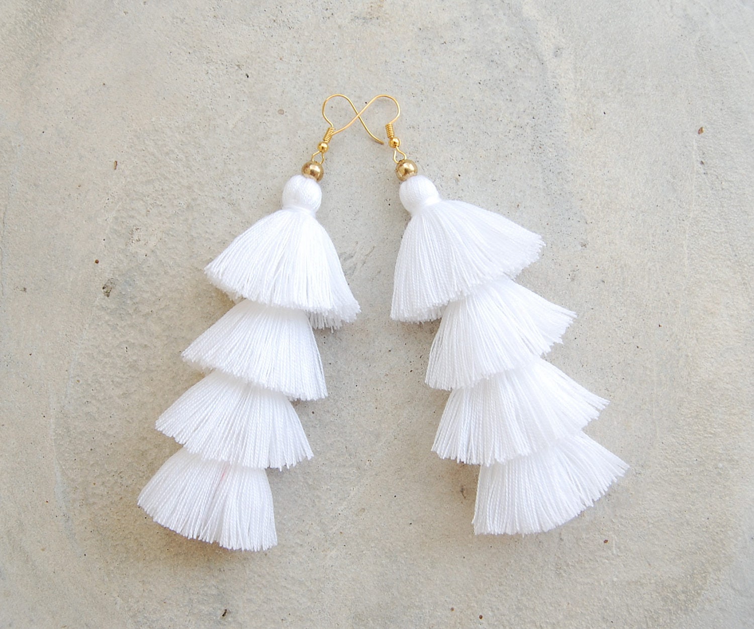 Pure White Four Layered Tassel Earrings