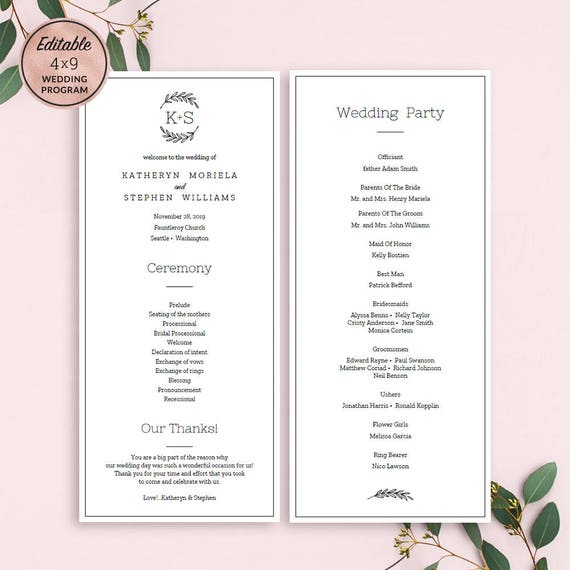 One Page Wedding Program Samples