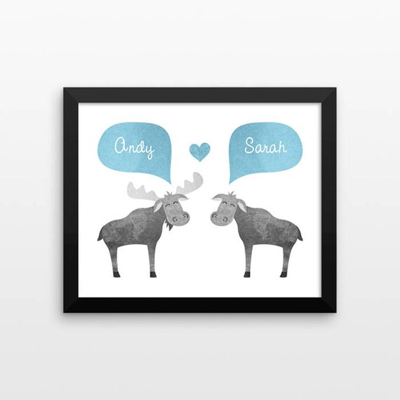 MOOSE Couple Personalized Art Print, Anniversary Gift, Engagement Gift, Wedding Gift, Valentines Gift, Couples Gift, Animal Couple Wall Art