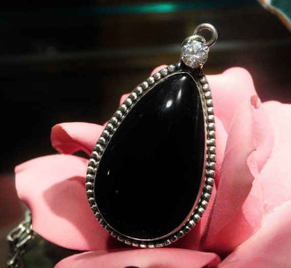 Black Onyx Pendant / Sterling Silver / White Topaz