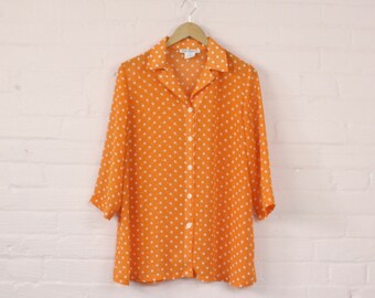 90s Sheer Orange Polka Dot Blouse · 90s See Through Blouse · 90s Polka Dot Shirt · 1990s Sheer Blouse · Sheer Orange 1990s Shirt · S