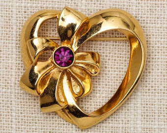 Heart and Bow Brooch Vintage Gold Avon Purple Rhinestone Broach Vtg Pin 7T