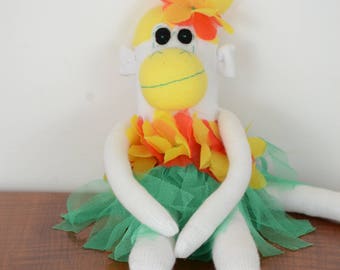 Yellow Hula Sock Monkey, Sock monkey doll, stuffed animal, kids toy,