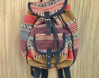 Boho Backpack Woven Handbag, Cotton Backpack with Front Pocket and Buckles