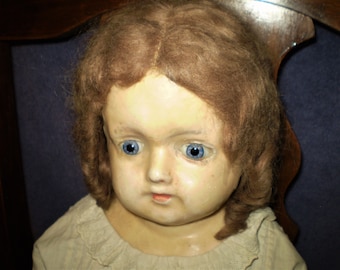 Large WAX PAPER-MACHE Doll 30" Antique w/Glass Eyes Belton? w/Clothes & Great Boots Huge And Heavy Vintage Dolls Display Collectible