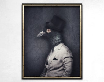 Pigeon Print, Dark Art, Weird Art, Quirky Art, Wall Art, Pigeon Gift, Gift For Him, Funny Art, Anthropomorphic Art, Photo Print, Animal Art