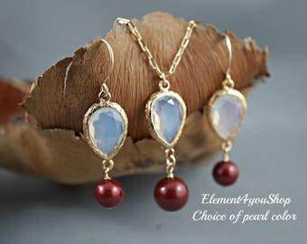 Set of 4 Four Bridesmaid jewelry set wedding necklace earrings Cubic zirconia white opal 14k gold filled chain pendant necklace Red pearl