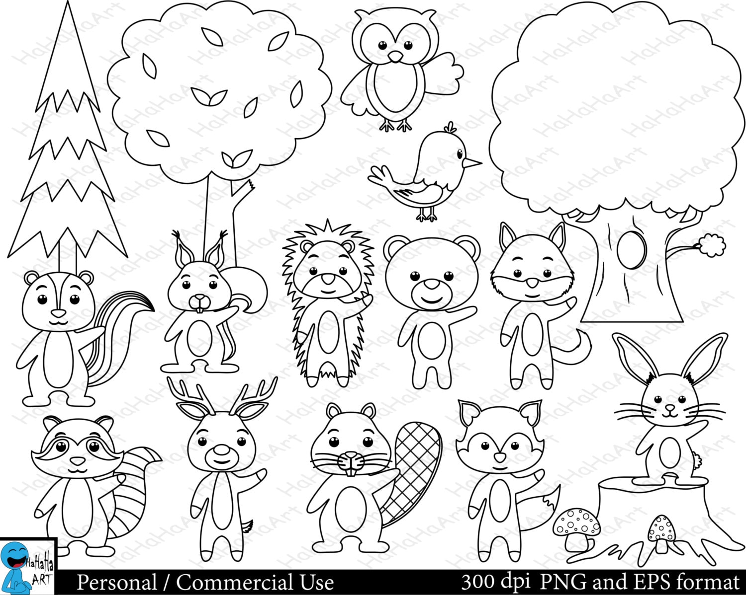 Outline forest animals Set Clipart Digital Clip Art