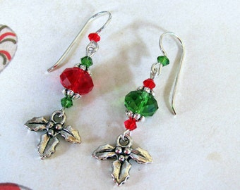 Holly Leaf Earrings, Holiday Earrings, Swarovski Earrings, Christmas Earrings, Red Earrings, Green Earrings. Dangle Earrings, Holly Earrings
