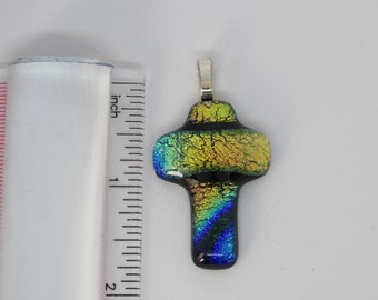 Dichroic Fused Glass Pendant - Rainbow on Black Cross #0205
