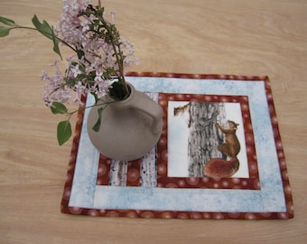 Quilted Mug Rug "Squirrels" Snack Mat, Candle Mat, Small Placemat, Quiltsy Handmade, Hot pad, Fabric Trivet