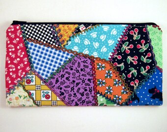 Crazy Quilt Zipper Pouch, Make Up Bag, Gadget Bag, Pencil Pouch