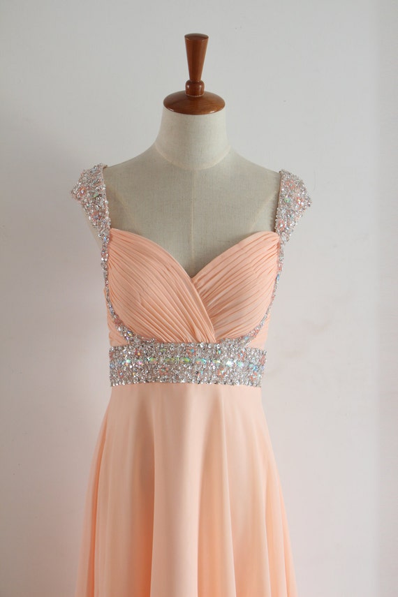 Items similar to Peach Floor-length Beading Prom Dress with Straps ...